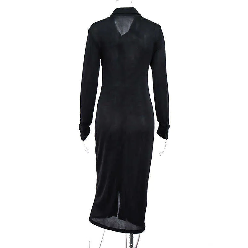 Asie noir robe d'hiver femmes col rabattu bouton manches longues robes décontractées voir à travers Sexy robe mi-longue Streetwear 210806