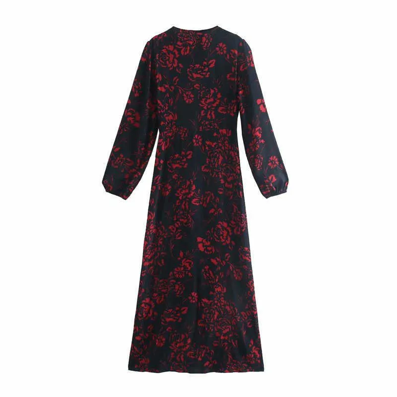 Za Floral Print Long Dress Women Vintage V-neck Surplice Front Slit Party Dresses Woman Lined Buttons Midi Autumn Vestidos 210602
