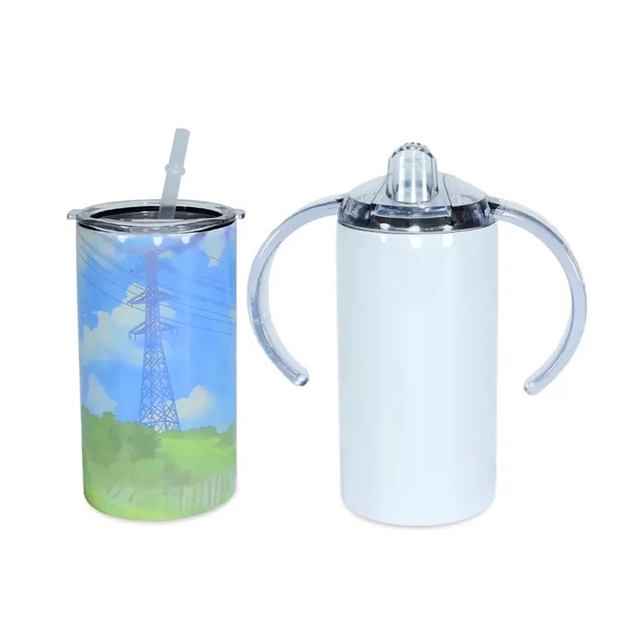 US warehouse 12oz Sublimation Straight Sippy Cup Dual lid Tumbler Blanks Stainless Steel Glossy Double-Wall Vacuum Insulated Water252r