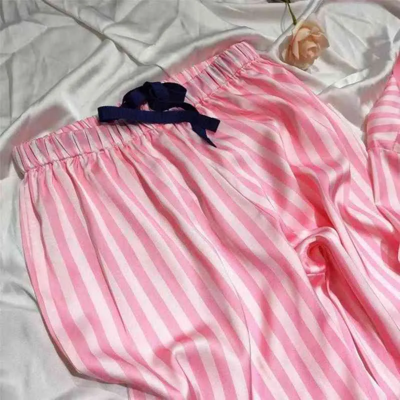 Летняя пижама для женщин сатин Silk Striped Sleekwear 2 шт. Установить топы сна Брюки PJS дамы ночной носить лаундж домашний костюм 211211