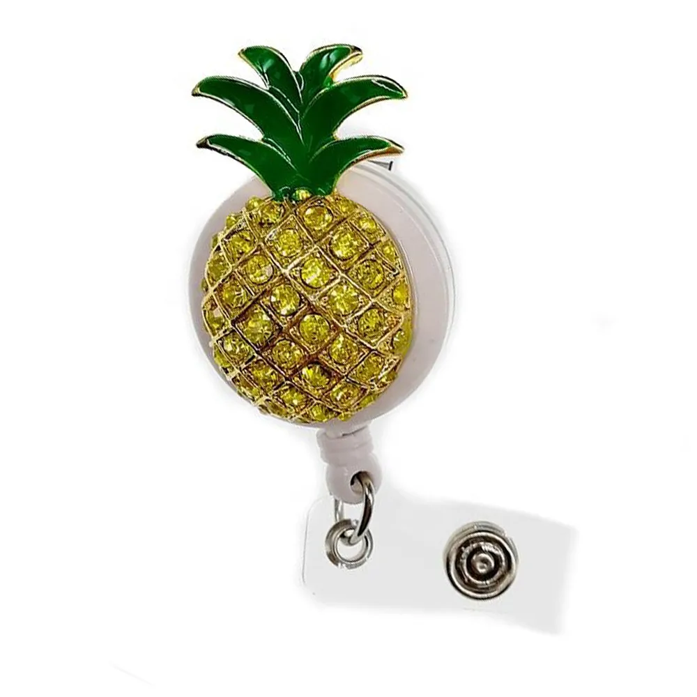 Cartoon Key Rings Fruit Pineapple Rhinestone Retractable ID Holder For Nurse Name Accessories Badge Reel With Alligator Clip178D