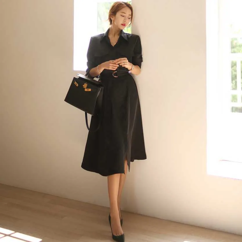 Solid Elegant Dres Casual Single Breasted Midi Party Split Summer Office Dame Sjant Slim Design Korean 210604