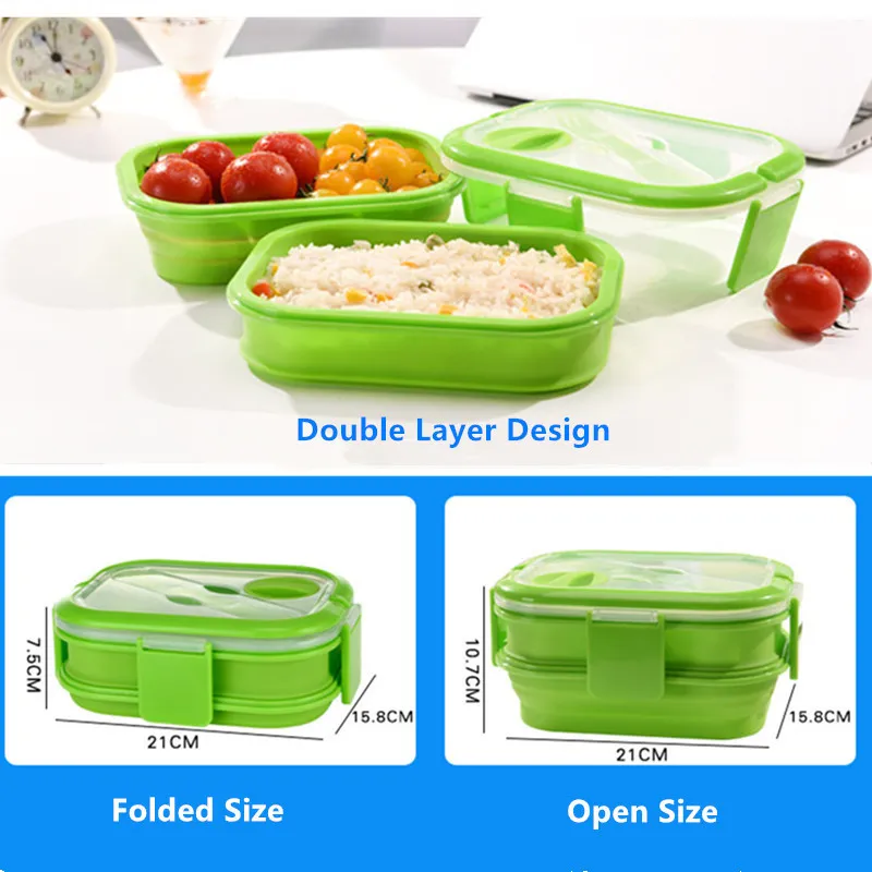 Boîte à bento pliable en silicone à double couche 1600ml Four à micro-ondes Déjeuner Pliant Conteneur de stockage des aliments Boîte à lunch Y200429