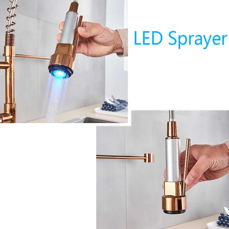 Rozina LED Light Kitchen Kamienny Rose Gold Led Pull Down Spring Kitchen baterie Dual Swivel Spout Crane Cold Water Miteber Taps 210724