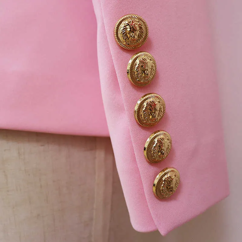 Yüksek kaliteli moda tasarımcısı blazer kadın ince uydurma metal aslan düğmeleri kruvaze ceket bebek pembe 211006