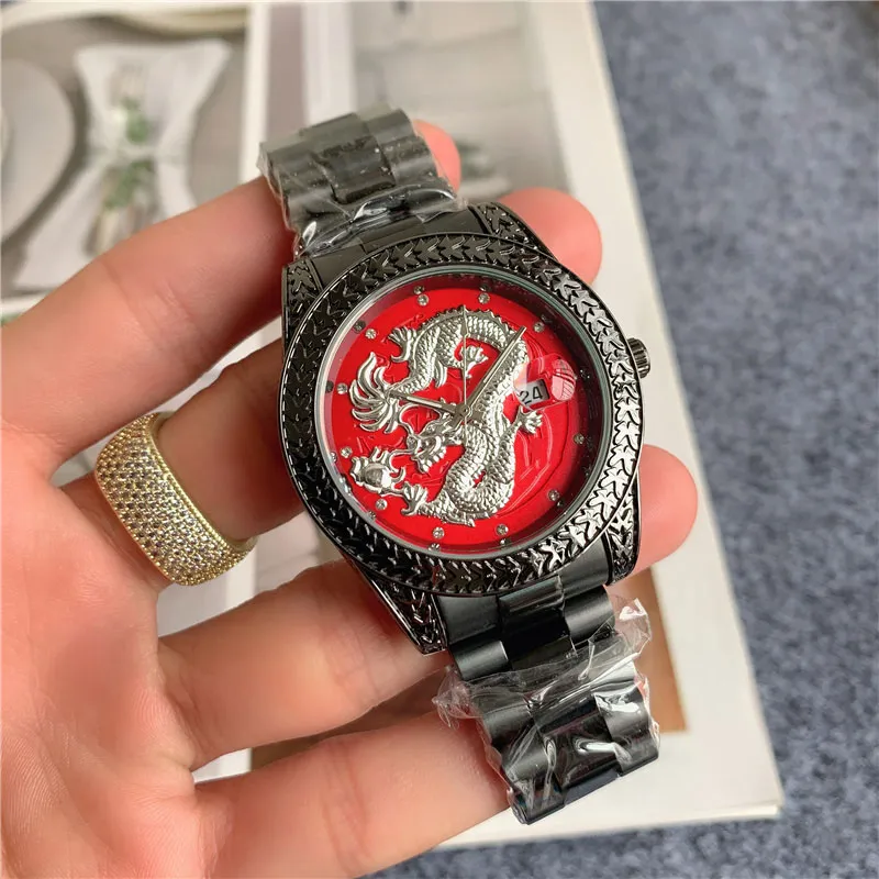 Moda Top Marca Relógios Homens estilo dragão Chinês Metal banda de aço Relógio de Pulso de Quartzo X145281L