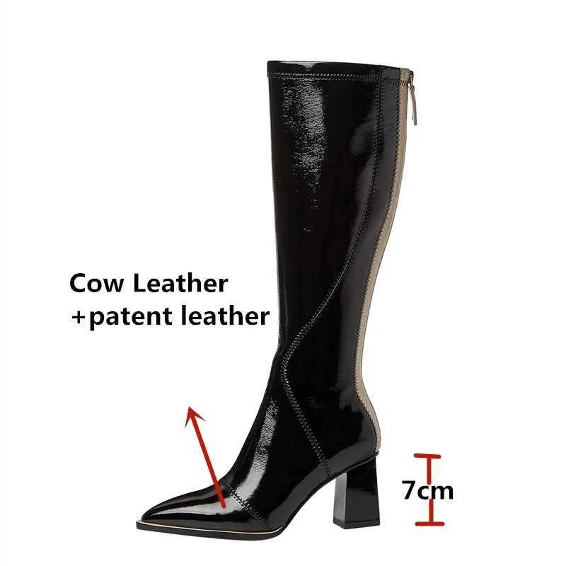 Bottises élégantes Femme High Boots Fall Hiver Génétique en cuir Retron Back Zipper Chaussures Party Working Knee 210528