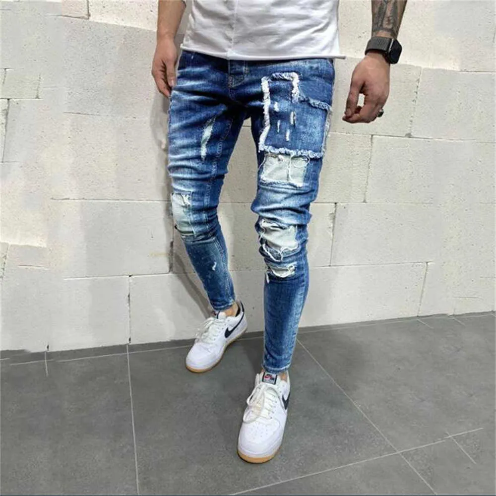 Top Koreanische Version Männer/Jugend Mittlere Taille Gebrochenes Loch Patch Wasser Waschen Kleine Fuß Bleistift Jeans Hip Hop Skinny Bettler Cowboy Hose X0621