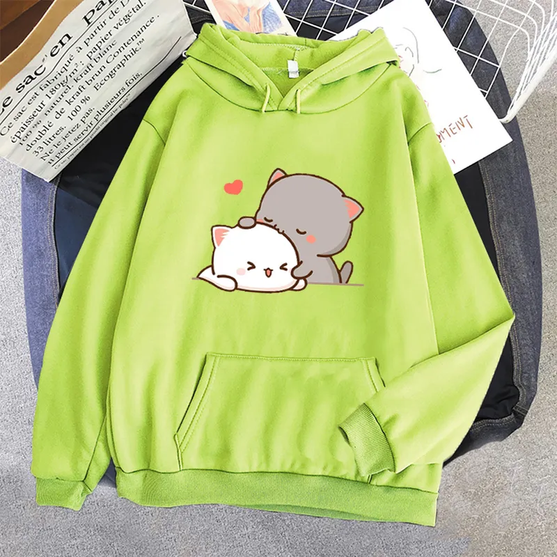 Pêche chat Kawaii vêtements esthétique à capuche mignon rose hauts surdimensionné sweat femmes dessin animé impression unisexe chaud Streetwear 220314