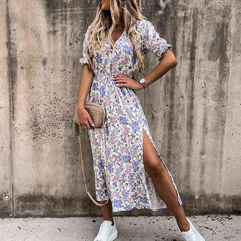 Summer New arrival Floral Pattern Slim Dress Casual Short Sleeve High Waist Dresses Female Sexy V-Neck Outdoor Colorful Dresses X0629