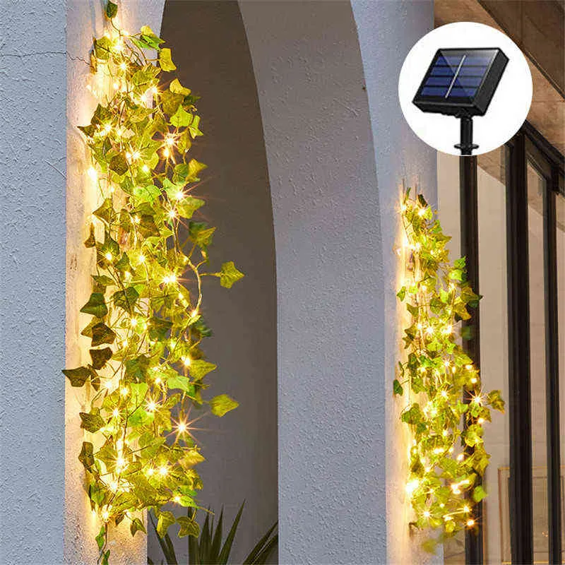 Guirlande de feuilles de lierre avec énergie solaire LED guirlandes lumineuses rafraîchissez votre jardin maison couloir véranda lampe de rideau de vignes de lierre 211104