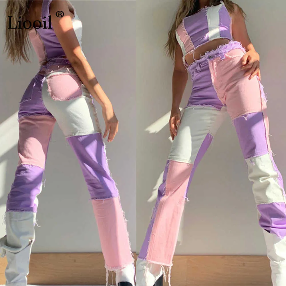 Liooil Patchwork Skinny Gamba dritta boyfriend Jeans Donna Pantaloni in denim a vita alta Sexy Color Block Marrone Pantaloni streetwear 210715