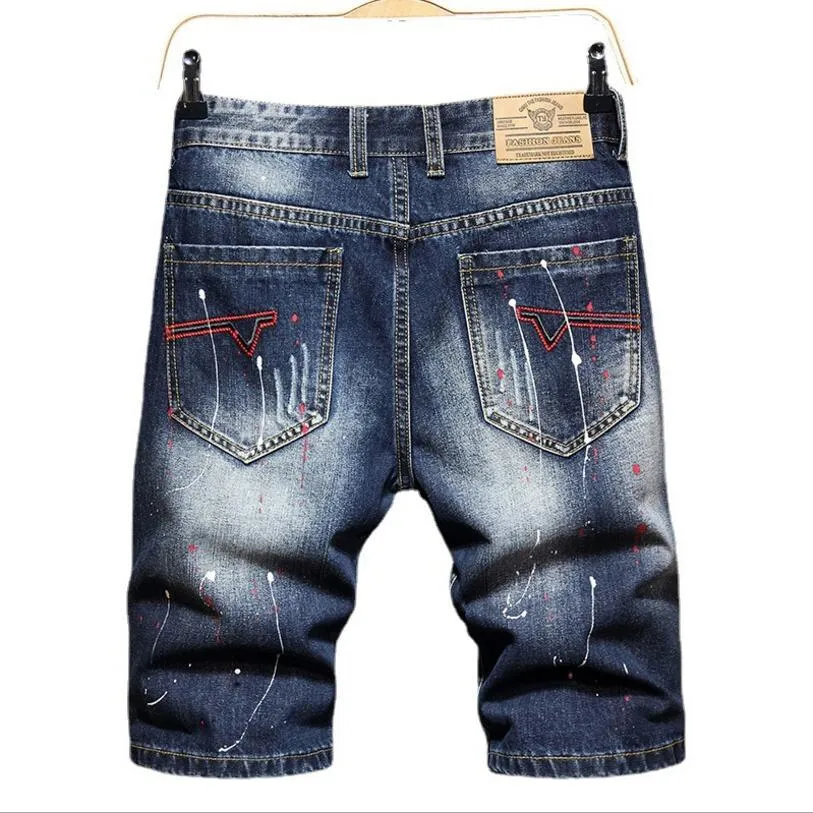 Homens de verão buracos denim shorts azul curta calça jeans moda masculino em linha reta fit conjunto de calças de brim do joelho shorts de boa qualidade homem jeans 40