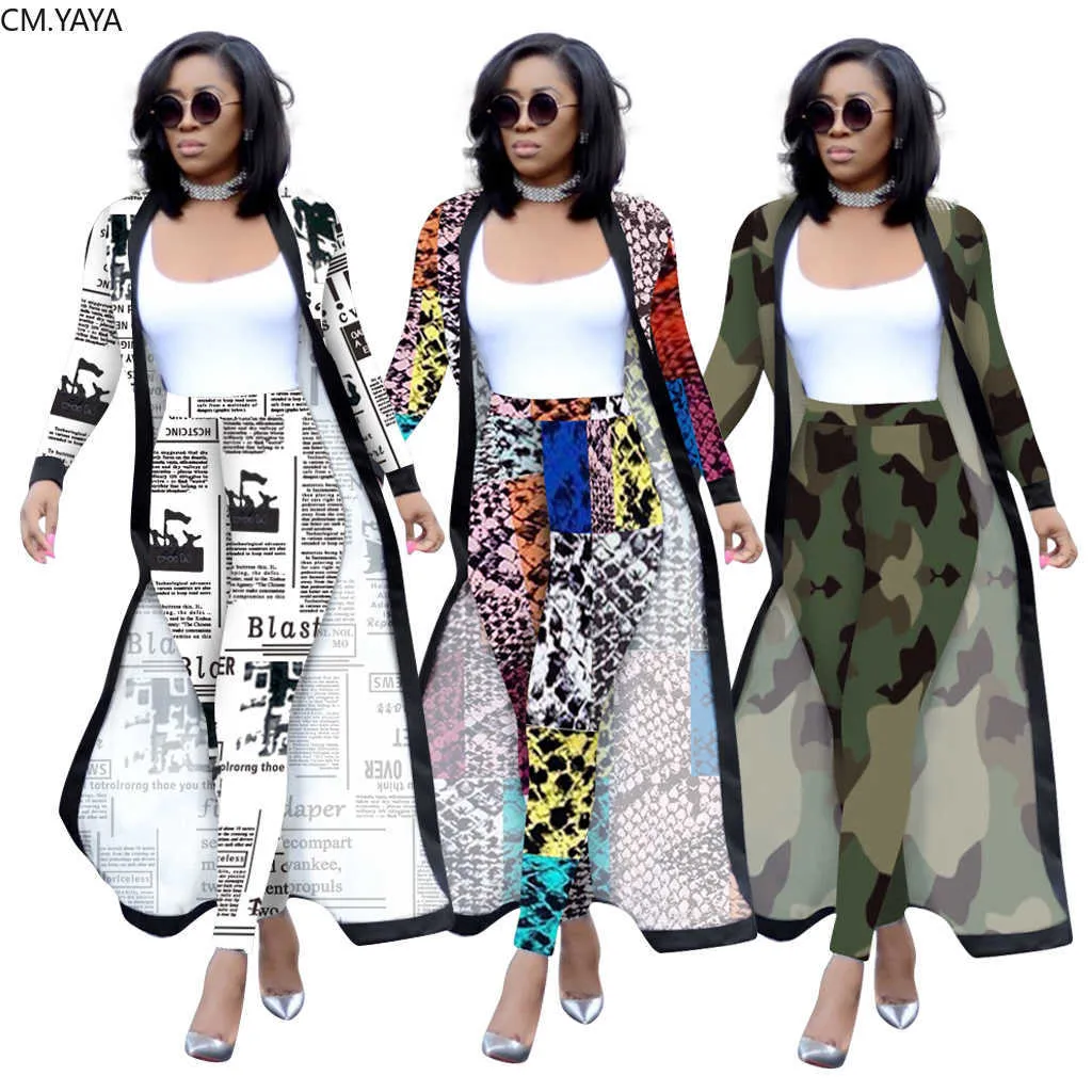 Höst Winter Women's Set Full Sleeve Long Cape Coat Sashes Byxor Sexig Fashion Print OL Two Piece Outfits Tracksuits 3535 210930