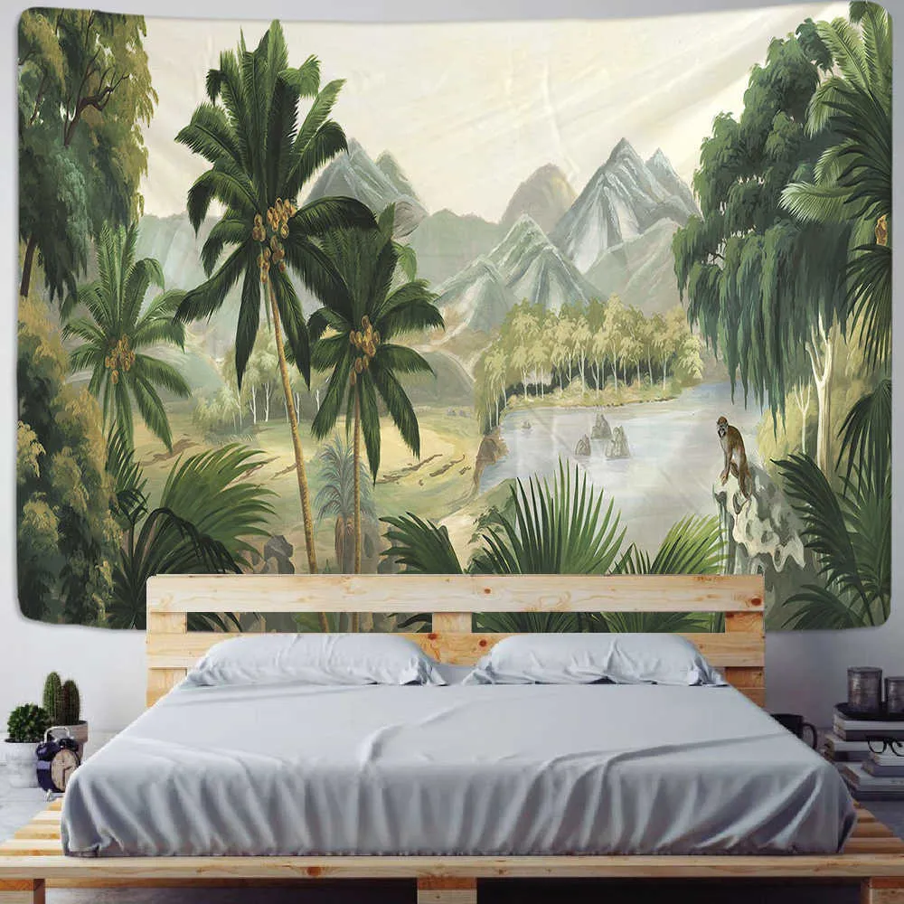 ヤシの木のタペストリーの壁掛け熱帯の葉の花柄のビーチの壁のタペストリーの背景背景壁の布のカーペットのタペストリー210609