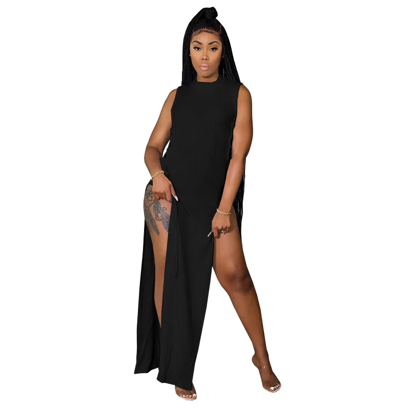 Black/White/Yellow Ribbed Stretchy Boho Long Dress Women Side Lace Up Hollow Split Beach Summer Holiday Knitted Robe Femme 210525