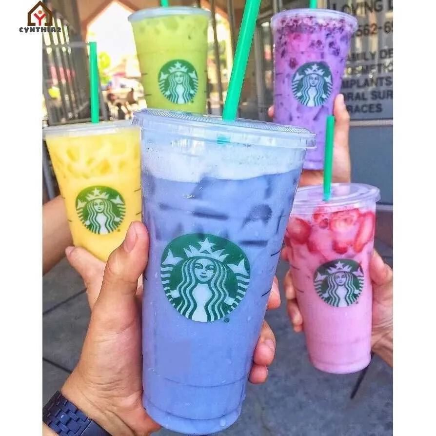 Ready to ship Reusable Starbucks Tumbler Color changing Confetti Cold cup Rainbow straw with Lid Plastic Cup cynt