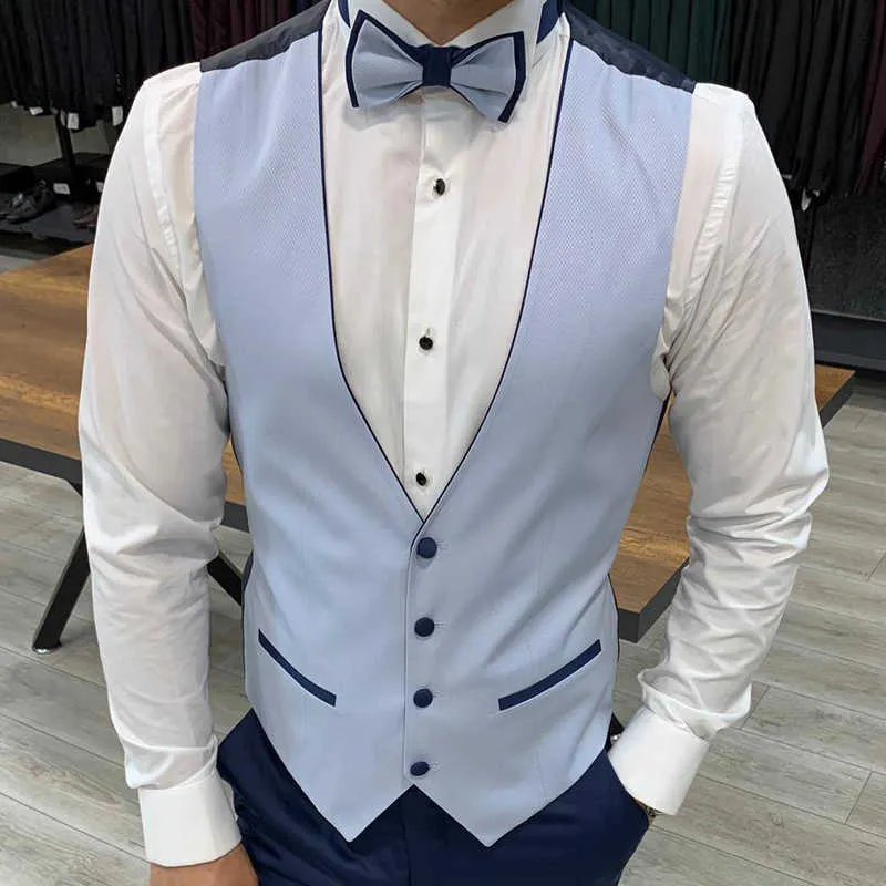 Light Blue Wedding Tuxedo for Groom Slim Fit Formal Men Suits with Navy Blue Pants Peaked Lapel Custom Male Fashion X0909
