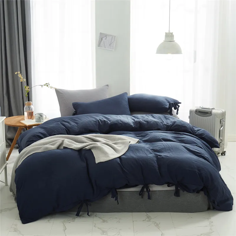 Nordic Solid Simple White Blue Set copripiumino con lacci Biancheria da letto Biancheria da letto Trapunta Queen Size Copriletto Set biancheria da letto Poliestere