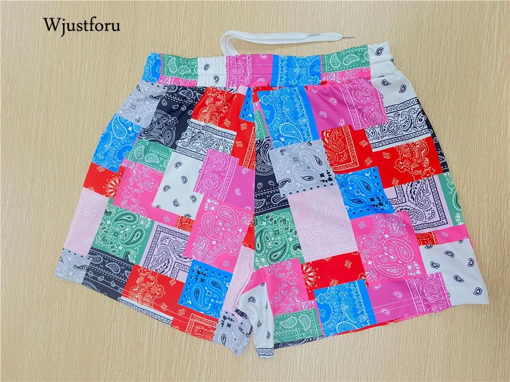 Wjustforu Bandana Stampa Pantaloncini Donna Patchwork Vita alta Abiti estivi Spiaggia Donna Pantaloni larghi 2021 Q0131