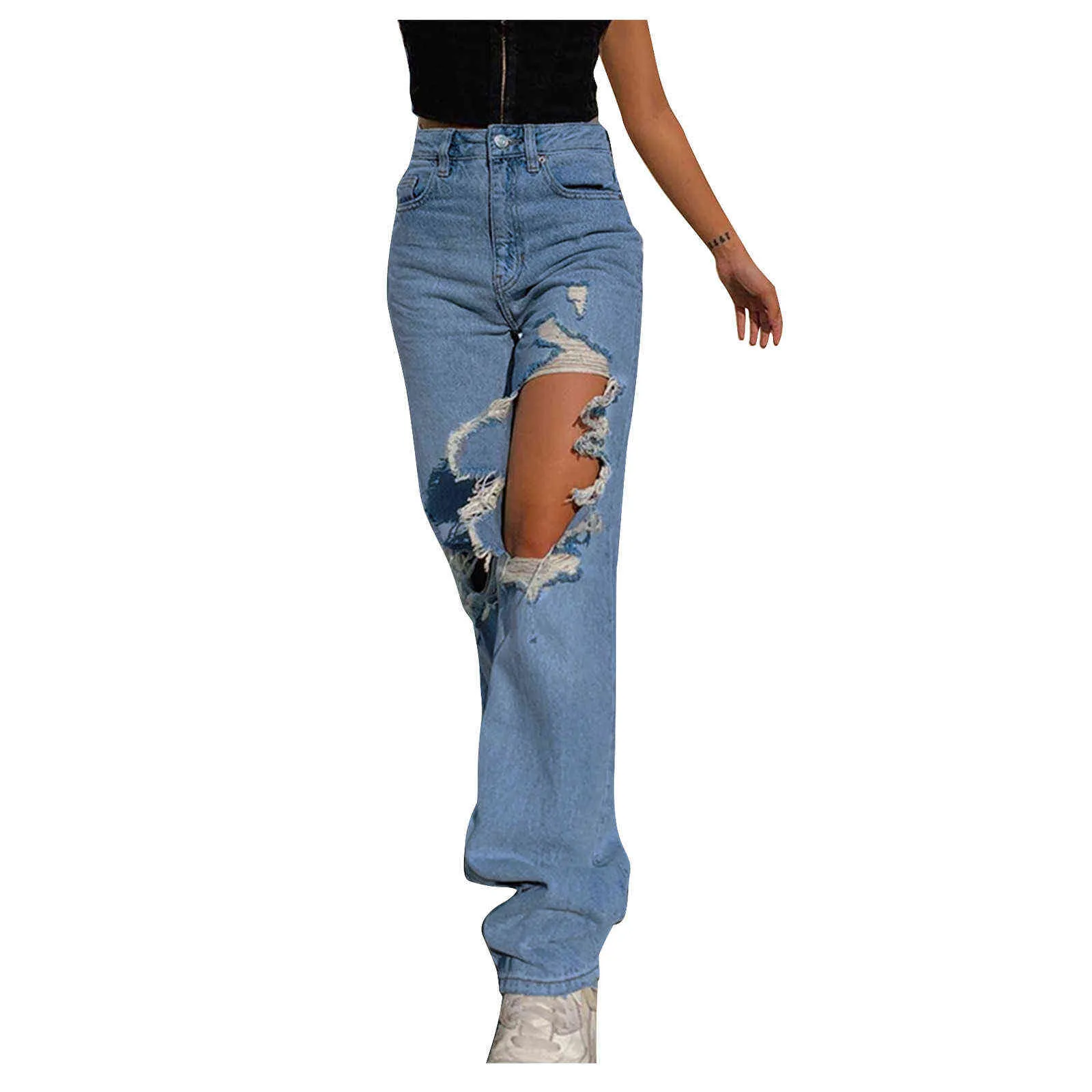 Estate da donna in vita alta elastico strappato foro jeans jeans pantaloni larga gamba strappata moda chic pant 211115