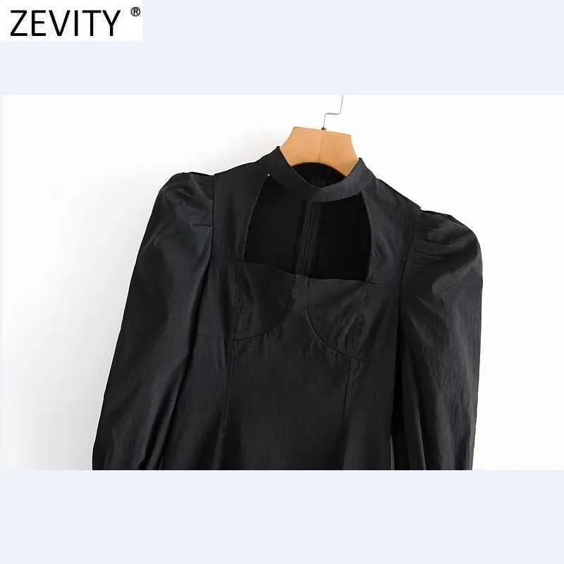 Zevity Femmes Vintage plis Puff douloureux Noir Mini robe Lady Chic Court Style Collier carré Retour Zipper Slim Vestido DS4774 210603