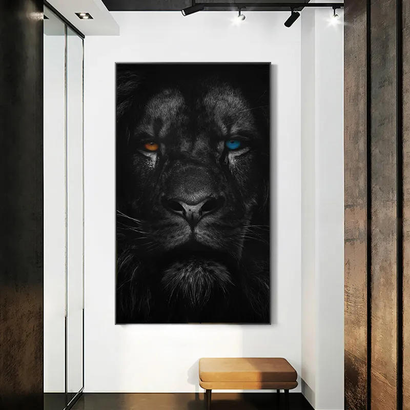 Farocious Lion with Orange and Blue Eyes Posters and Prints Canvas Paintings Wall Art Pictures for Living Room Home Decoration CuA3222642