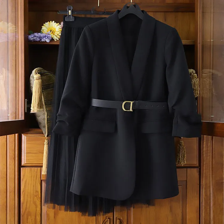 Plus Size Women's Suit Blazer Dress Long Jacket Mesh es Two Piece Set With Belt Elegant Women Winter Coat 4251048 220302