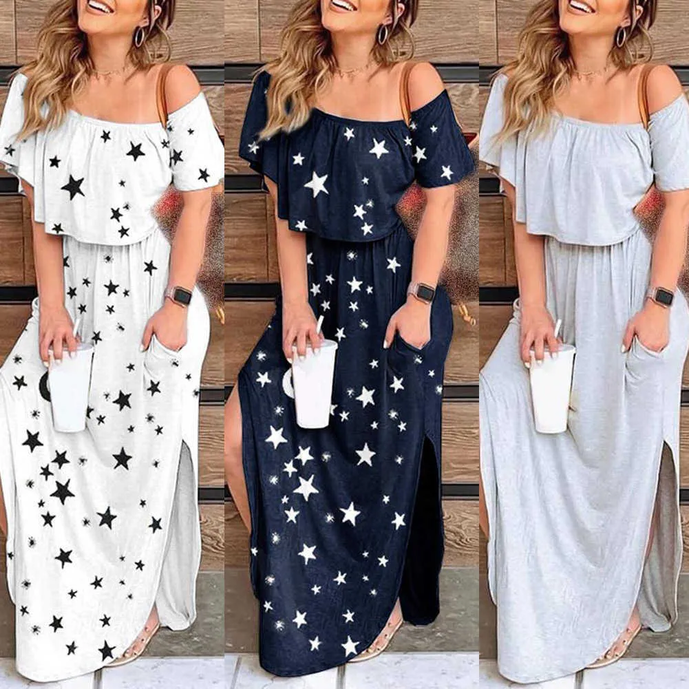 Party Long Dress Kvinnor Sommar Off Shoulder Kortärmad Stjärnor Skriv ut Ruffled Hem Y1006