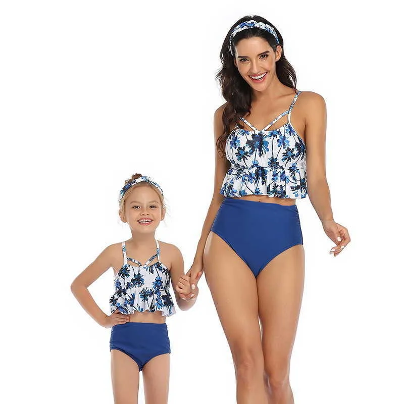 Parent-Child Swimwear Bikini High Waist Swimsuit Floral Mom Girl Family Matching Outfit E1802 210610