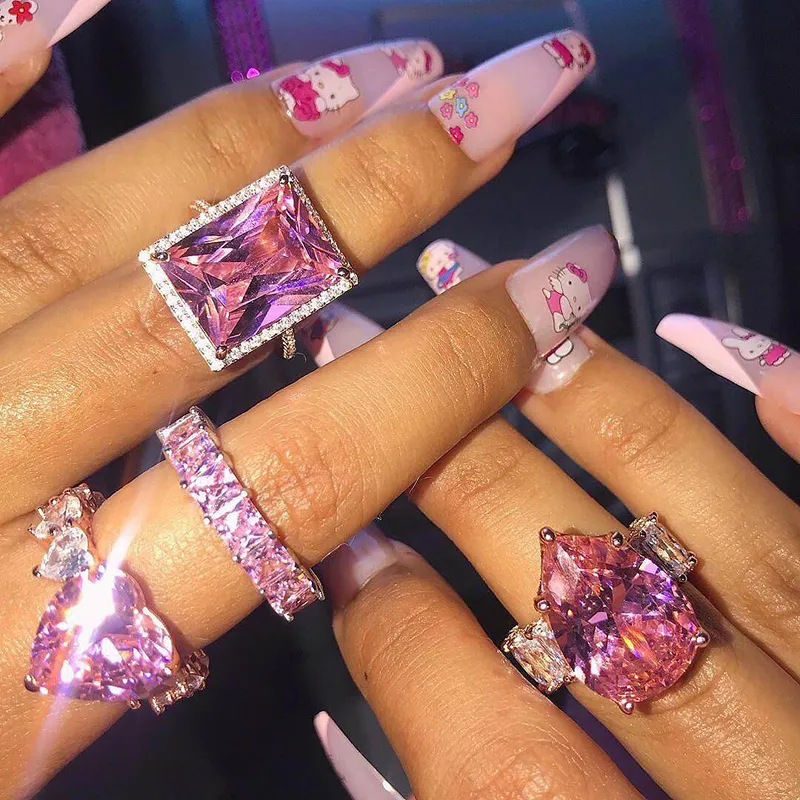 Nieuwe Grote Peervorm Accent Stenen Ringen Rose Goud Pricess Cut volledige CZ Band Bruiloft Verloving Traan Roze Pinky Ring Voor Vrouwen 2021