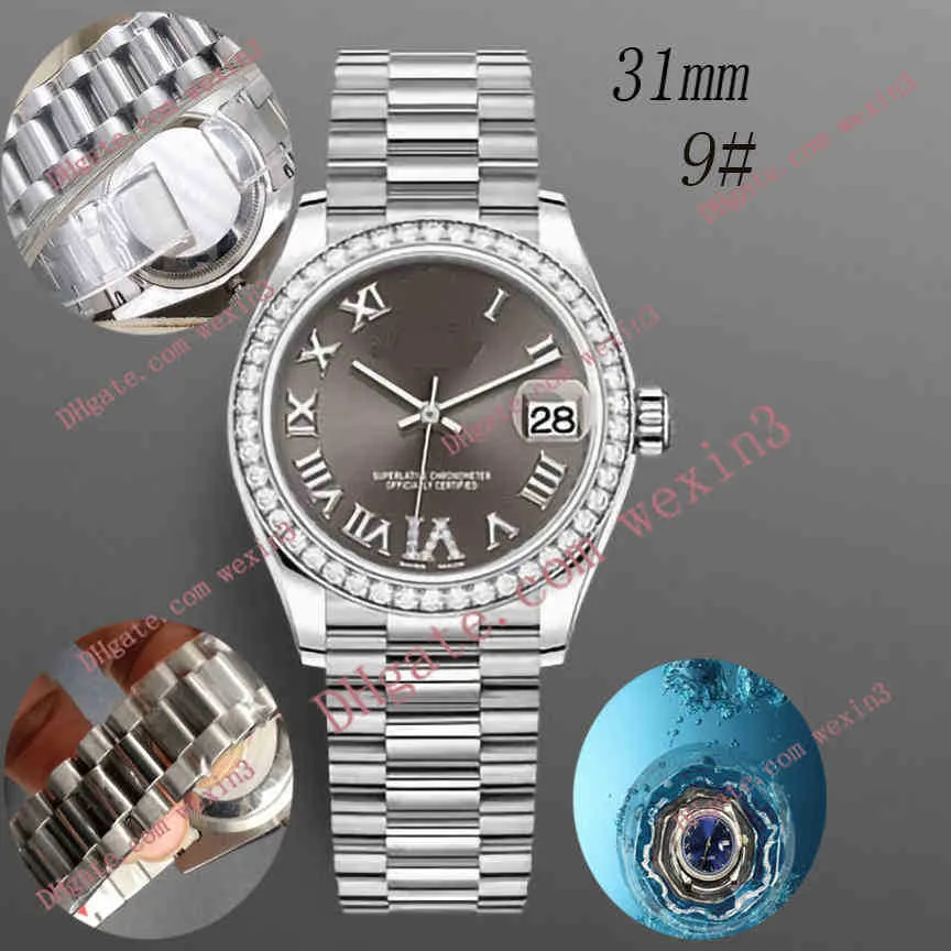 여자 다이아몬드 시계 레이디스 시계 6 시계 로마 숫자 31mm 홍합 다이얼 대통령 밴드 Montre de Luxe 2813 Automatic Swimm242b