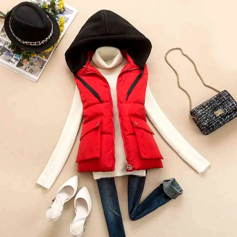 Gilet imbottito imbottito da donna Autunno Inverno Caldo ispessimento giacca senza maniche Cappotto con cappuccio femminile Outwear Gilet da donna 210525