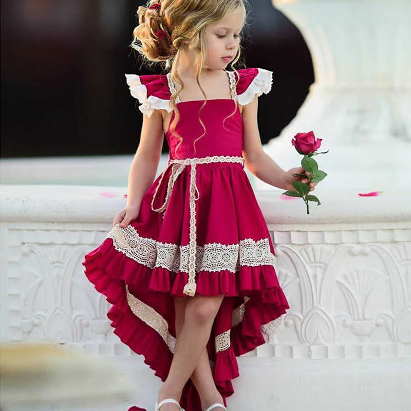 Liefde ddmm meisjes jurken lente kinderen dragen meisjes zoete voorkant korte lange kant backless onregelmatige dovetail jurk 210715