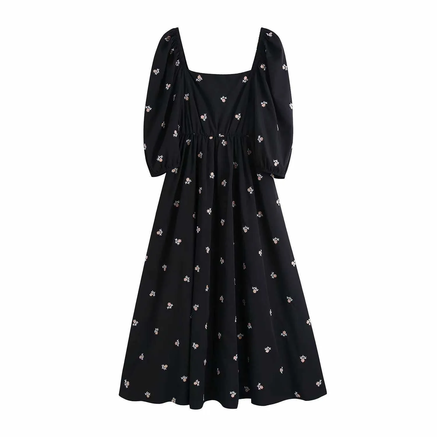 Za vrouwen stijl lente zomer zoete temperament vierkante nek bubble mouw taille borduurwerk jurken zwarte jurk 210602