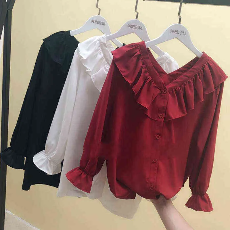 Chemises Femmes Solide Mousseline Solide Plus Taille Ulzzang Rouge Blouses Loose Tempéramment Volants Femmes Manches longues Top Streetwear New H1230