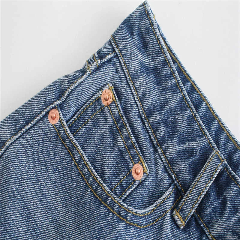 Za sommar rippade denim shorts kvinnor hög midja oavslutad ben vintage jeans mode framknapp kvinna blå korta byxor 210602