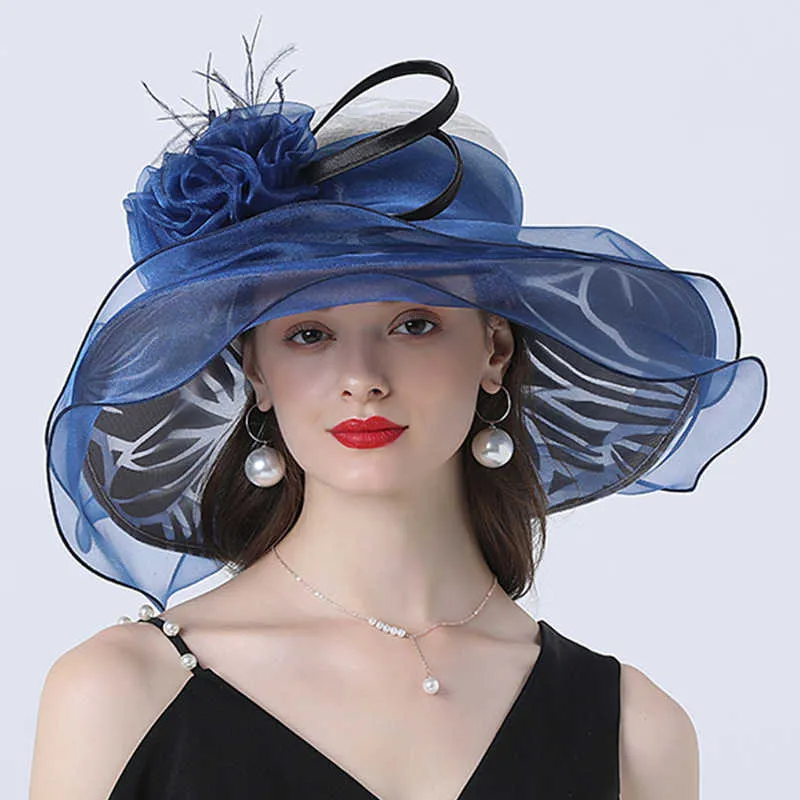 Women Summer Church Hat Organza szeroki brzeg słońca Ladeis Fascynator dla Kentucky Derby Wedding Bridal Dress Party 210531218Z