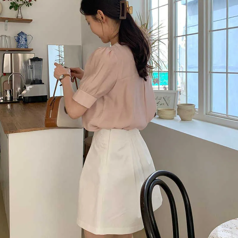コレヒパアの女性セット夏の韓国の穏やかな尖った襟薄いマイクロ透明の半袖シャツハイウエストAラインスカート210526