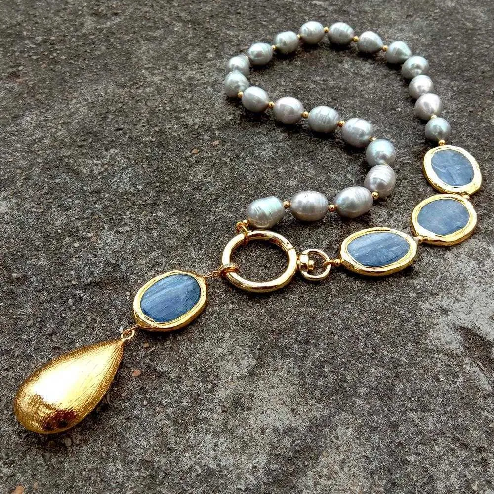 YﾷYING Naturelle d'eau Douce de Culture de Riz Gris Perle Ovale Bleu Kyanites Y Design Pendentif Collier 19