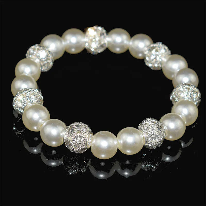 Pulsera de perlas Crystal Ladies Elástico Chapado en plata Oro Clastic Force Bridal para mujeres Jewelr Q0719