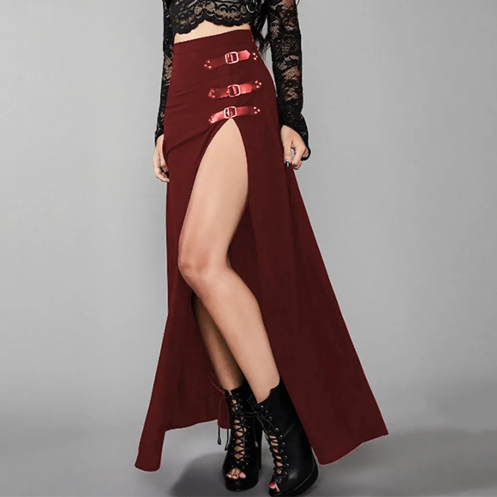Rosetic Sexy Punk Women Maxi Skirt High Waist Split Design Buckle Gothic Black Vintage Party Red Elegant Long Skirts Fall 210309