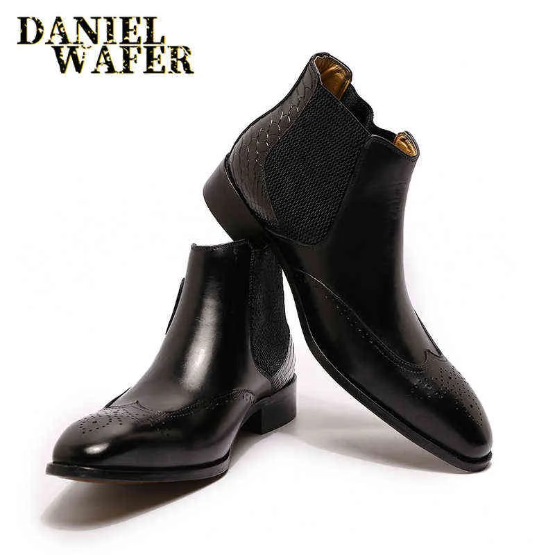 Bottes Chelsea de luxe en cuir véritable hommes cheville haute qualité sans lacet boucle sangle bout d'aile marron noir chaussures hommes de base 211216