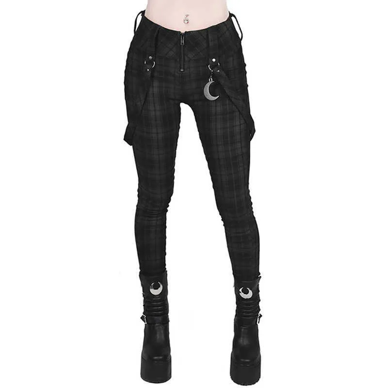 Plaid Hosen Frauen Gothic Punk Hose Hohe Taille Mode Enge Multi Pocket Zipper Y2k Lange Böden Streetwear Woemn Bleistift 210925