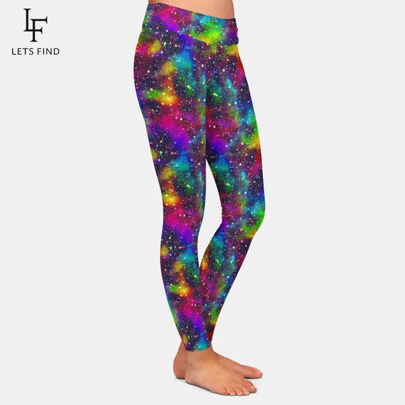 Letsfind Workout Leggings Högkvalitativa kvinnor Fashion Färgglada universum Tryck Hög midja mjuka smala leggings plus storlek 201014