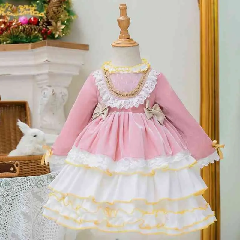 Baby Girl Autumn Winter Velvet Vintage Spanish Pompom Ball Gown Princess Lolita Dress for Children Girl Christmas Birthday Dress G1218