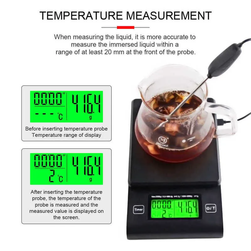 Multifunkcjonalna skala kawy z timerem Sonda temperatury Cyfrowa Skala kuchenna LCD Waga elektroniczna 1000g / 0,1g-2000g / 1g 210927