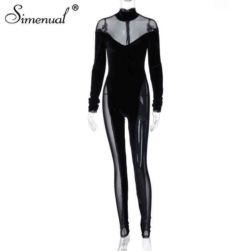 Simenual Mesh Velvet Patchwork Skinny Rompers Womens Jumpsuit Sexy See Through Midnight Club Bodycon Wild BodyStocking Black 211116