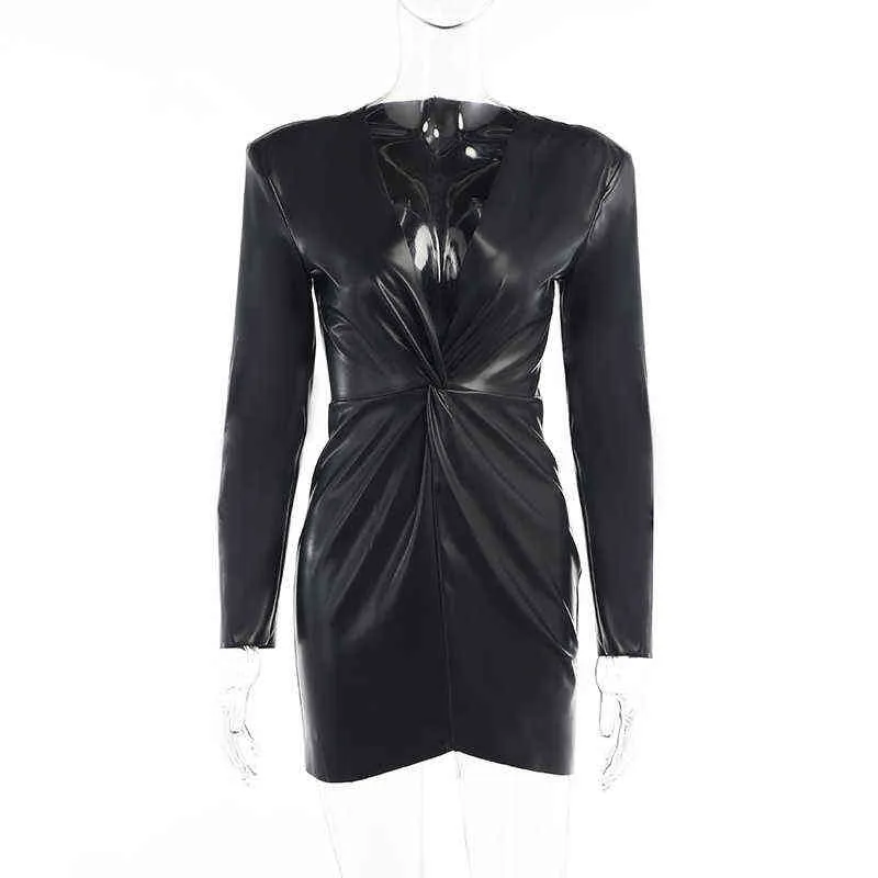 Hugcitar Pu cuir à manches longues col en V moulante mince Sexy Mini robe 2021 automne hiver femmes noël Halloween fête Y2K Y1204