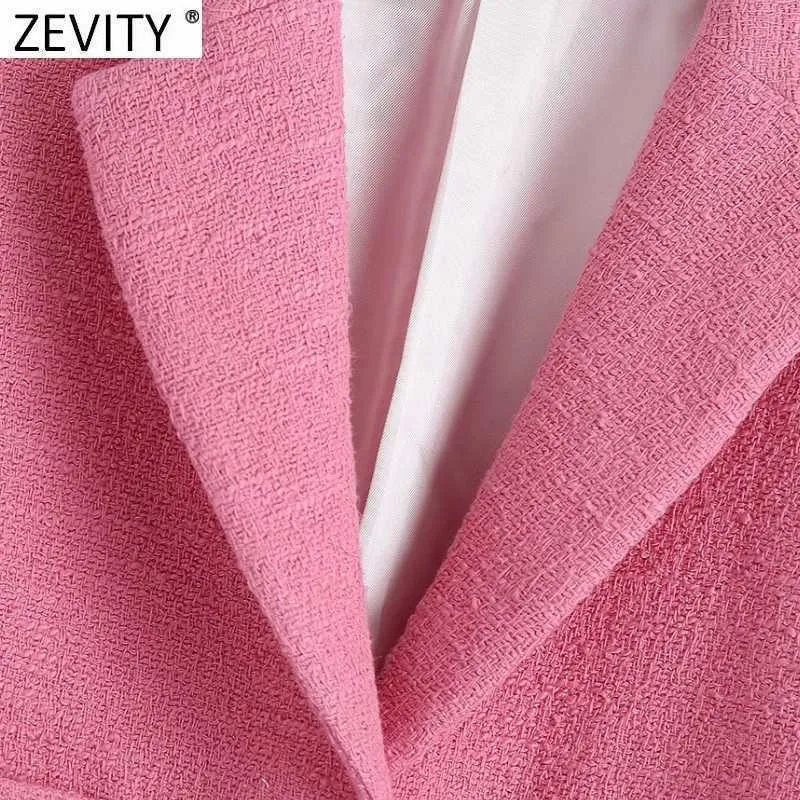 Zeefity Dames Engeland Stijl Zakken Patch Solid Rose Roze Korte Tweed Wollen Blazer Jas Vintage Vrouwelijke Bovenkleding Chic Tops CT679 210603